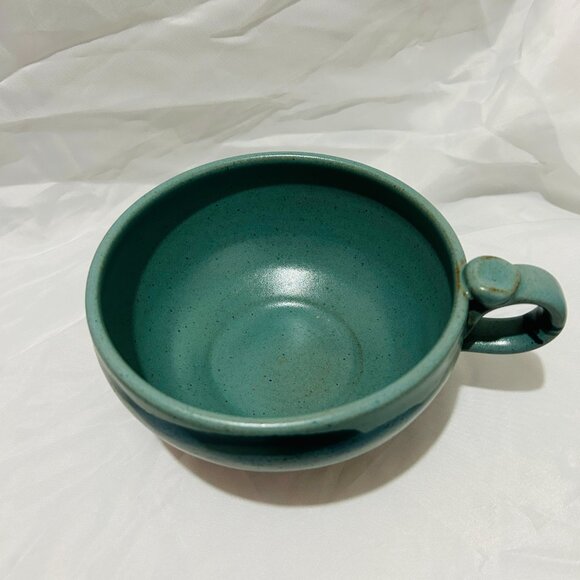 Signed Art Pottery soup mug bowl Teal Blue green glaze Thumb Rest - Picture 4 of 15
